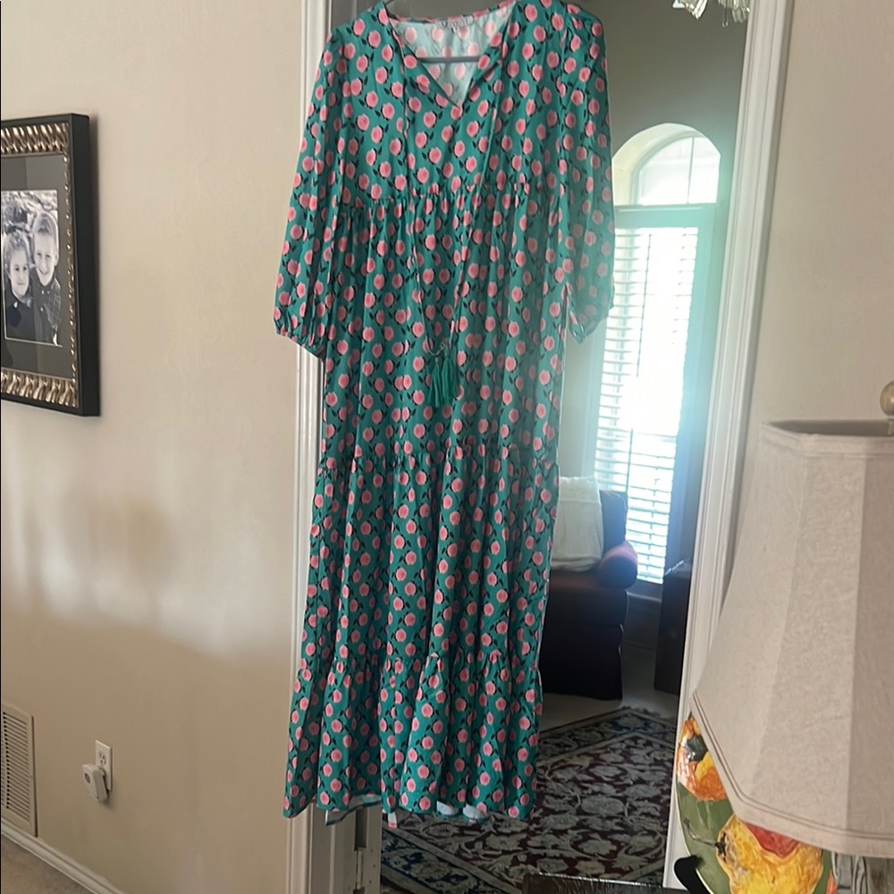 Blue Maxi Sundress with V-Neck and Bishop Sleeves
